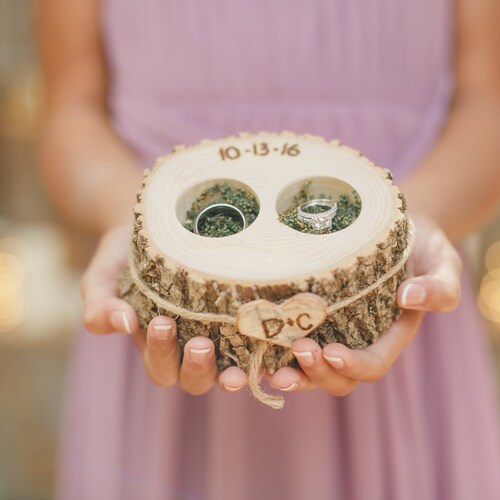 Personalized Wood Slice Ring Bearer Box | Rustic Ring Holder | Wedding Ring Pillow Alternative