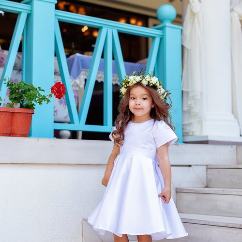 Elegant Satin Flower Girl Dress – Simple Light Ivory Wedding Dress with Sash