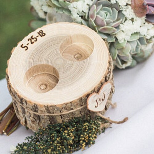 Personalized Wood Slice Ring Bearer Box | Rustic Ring Holder | Wedding Ring Pillow Alternative