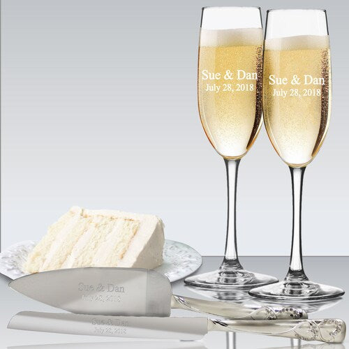 Personalized Wedding Flute and Cake Serving Set – Custom Engraved