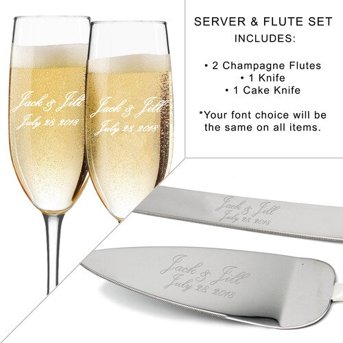 Personalized Wedding Flute and Cake Serving Set – Custom Engraved