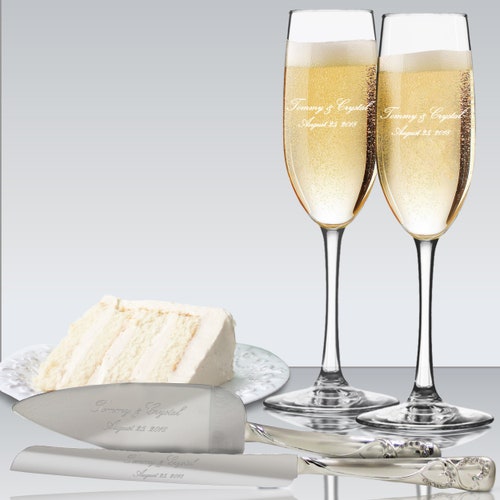 Personalized Wedding Flute and Cake Serving Set – Custom Engraved