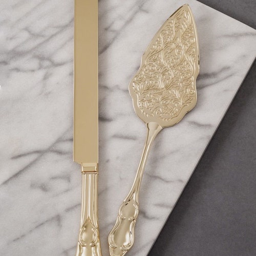 Personalized Engraved Gold Wedding Cake Knife & Server Set