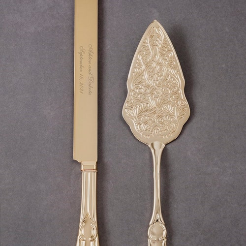 Personalized Engraved Gold Wedding Cake Knife & Server Set