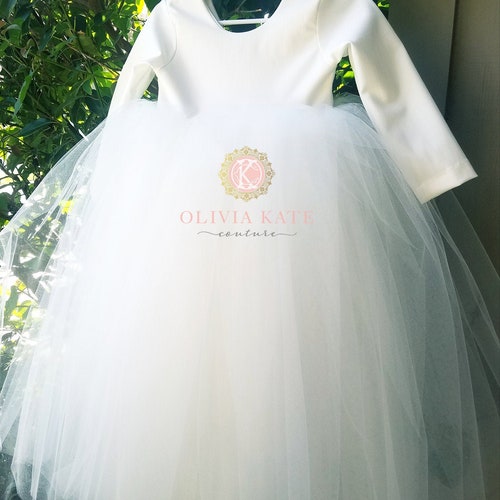 Handmade Ivory Flower Girl Dress with Long Sleeves & Tulle Skirt