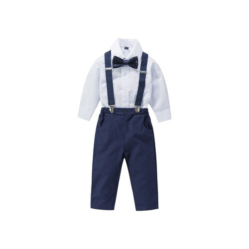 Navy & Black 4/5-Piece Linen Blend Suit Set for Boys with Bow Tie, Braces, and Hat