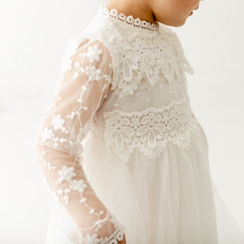 Long Sleeve Lace Flower Girl Dress with Tulle Skirt