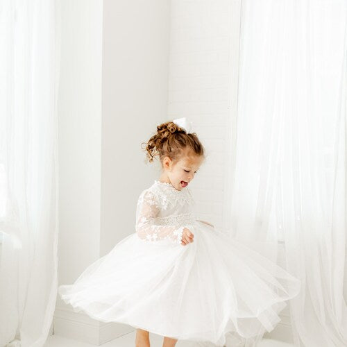 Long Sleeve Lace Flower Girl Dress with Tulle Skirt