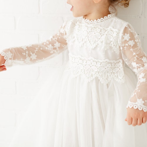 Long Sleeve Lace Flower Girl Dress with Tulle Skirt