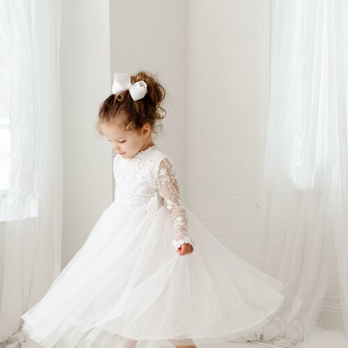 Long Sleeve Lace Flower Girl Dress with Tulle Skirt