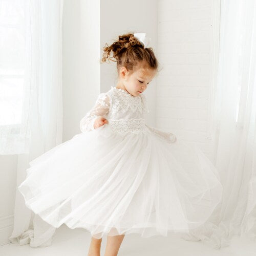 Long Sleeve Lace Flower Girl Dress with Tulle Skirt