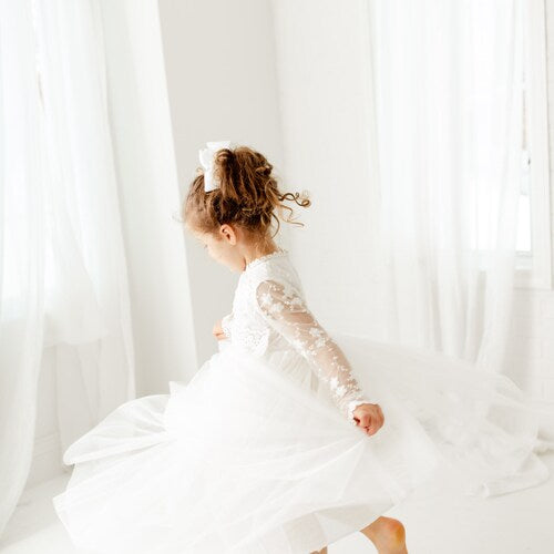 Long Sleeve Lace Flower Girl Dress with Tulle Skirt