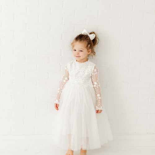 Long Sleeve Lace Flower Girl Dress with Tulle Skirt