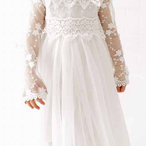 Long Sleeve Lace Flower Girl Dress with Tulle Skirt
