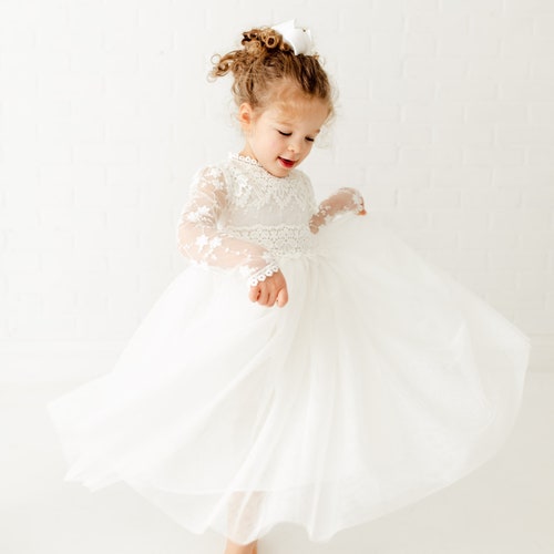 Long Sleeve Lace Flower Girl Dress with Tulle Skirt
