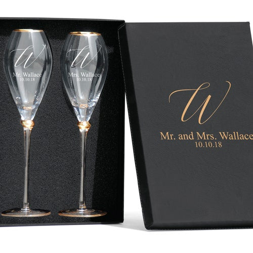 Personalized Gold-Rimmed Tulip Champagne Flutes with Custom Box