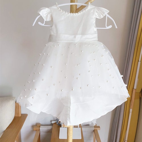 Ivory Tulle Flower Girl Dress with V-Back and Pearls
