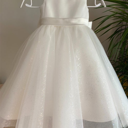 Glitter Off-White Flower Girl Dress with Pearls & V-Back