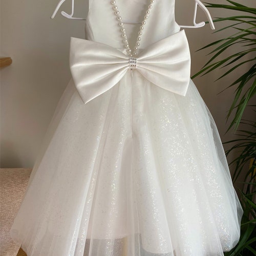 Glitter Off-White Flower Girl Dress with Pearls & V-Back