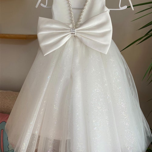 Glitter Off-White Flower Girl Dress with Pearls & V-Back