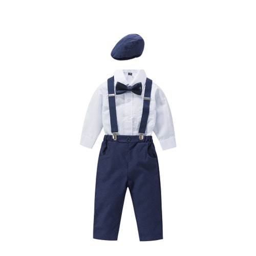 Navy & Black 4/5-Piece Linen Blend Suit Set for Boys with Bow Tie, Braces, and Hat