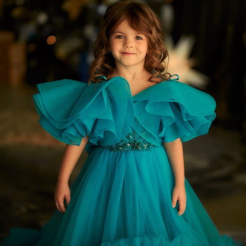 Custom Turquoise Flower Girl Dress with Tulle Train & Off-the-Shoulder Design