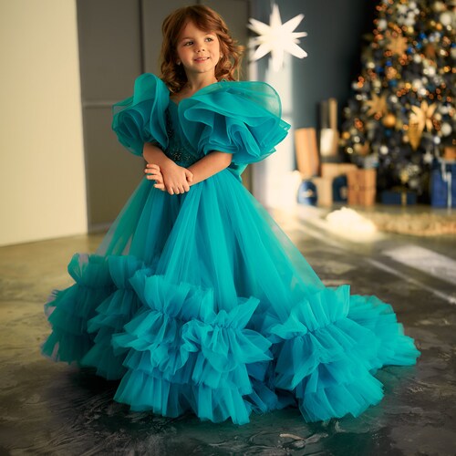 Custom Turquoise Flower Girl Dress with Tulle Train & Off-the-Shoulder Design