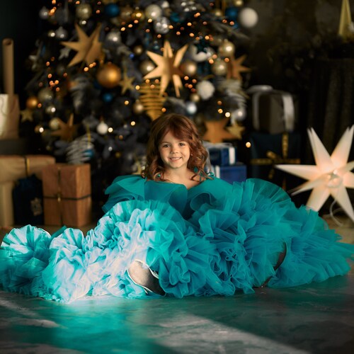 Custom Turquoise Flower Girl Dress with Tulle Train & Off-the-Shoulder Design
