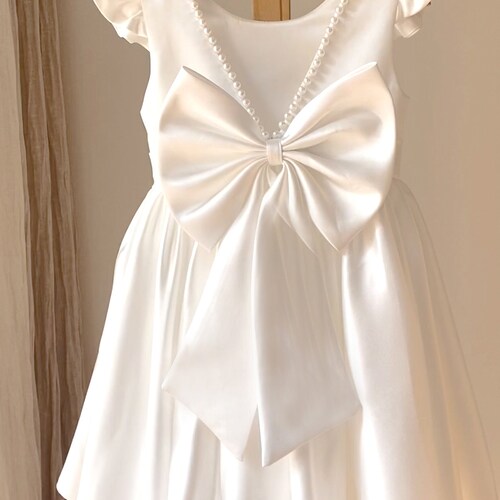 Ivory Satin Flower Girl Dress with V-Back and Big Bow