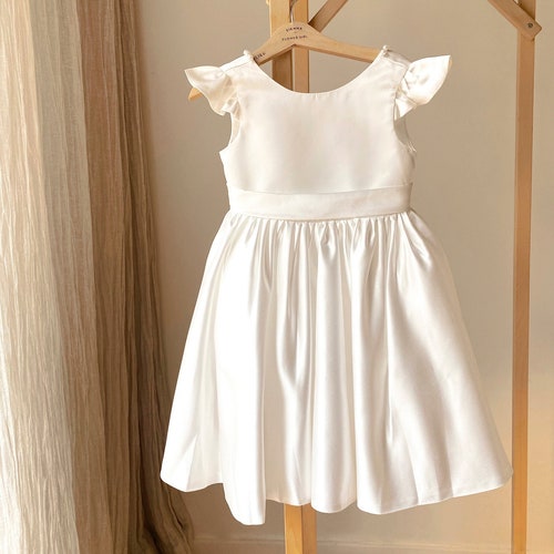 Ivory Satin Flower Girl Dress with V-Back and Big Bow