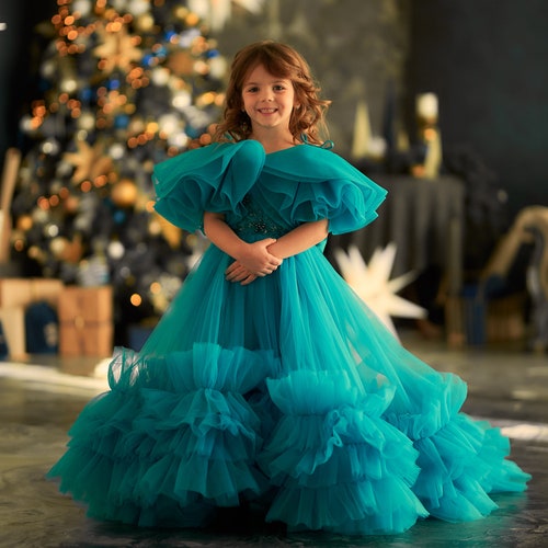 Custom Turquoise Flower Girl Dress with Tulle Train & Off-the-Shoulder Design