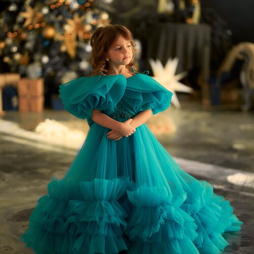 Custom Turquoise Flower Girl Dress with Tulle Train & Off-the-Shoulder Design