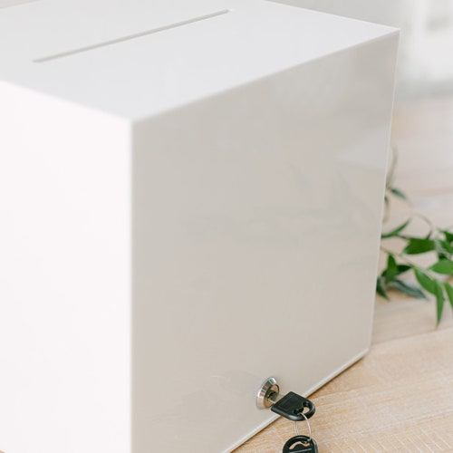 White Acrylic Wedding Card Box with Lock and Custom Raised Text