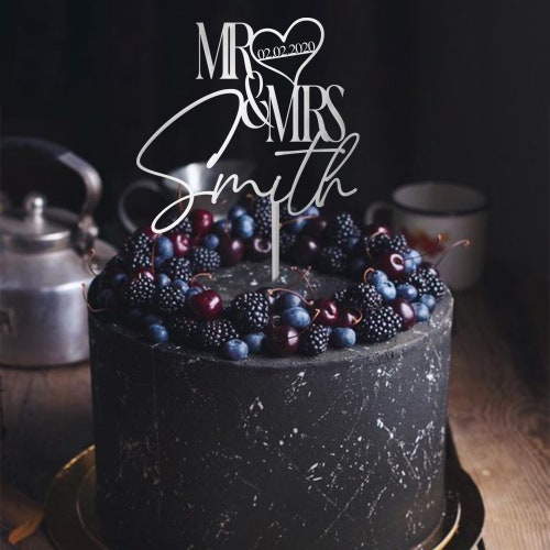Metallic Silver Wedding Cake Topper – Custom Mr & Mrs Personalized Rustic Cake Topper