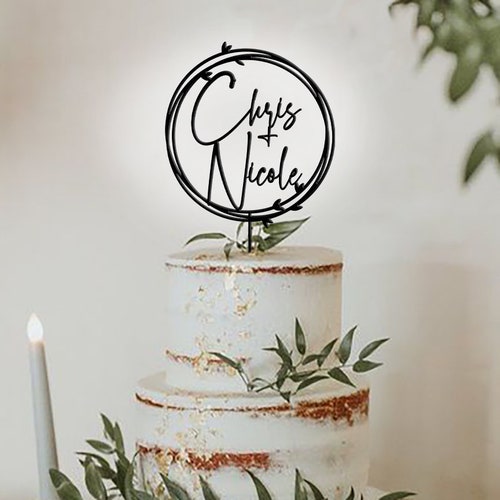 Personalized Wedding Initials Monogram Cake Topper – Rustic Wreath Design