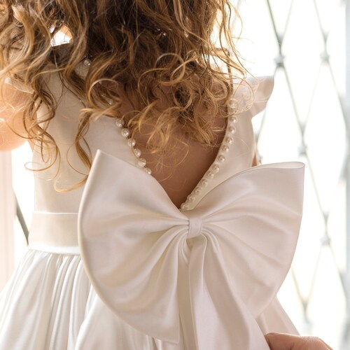 Ivory Satin Flower Girl Dress with V-Back and Big Bow
