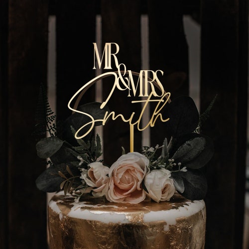 Metallic Silver Wedding Cake Topper – Custom Mr & Mrs Personalized Rustic Cake Topper