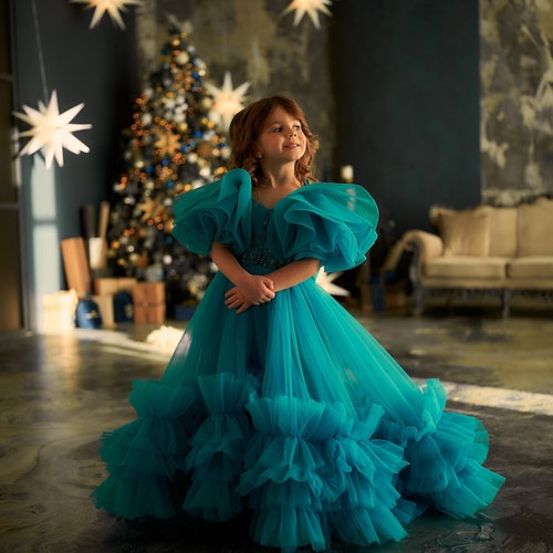 Custom Turquoise Flower Girl Dress with Tulle Train & Off-the-Shoulder Design
