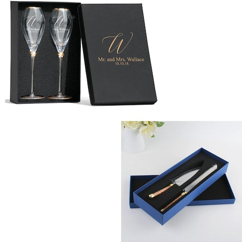 Personalized Gold-Rimmed Tulip Champagne Flutes with Custom Box