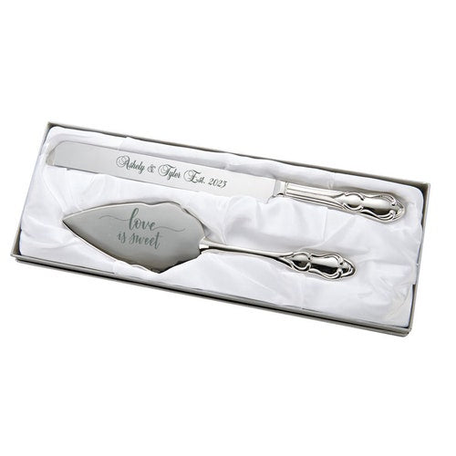 Classic Silver Engraved Wedding Cake Knife & Server Set