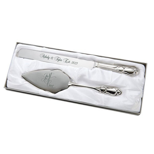Classic Silver Engraved Wedding Cake Knife & Server Set