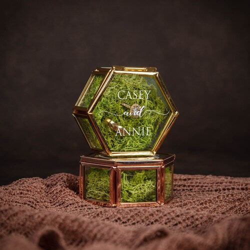 Personalized Hexagon Glass Ring Box with Moss | Gold or Rose Gold