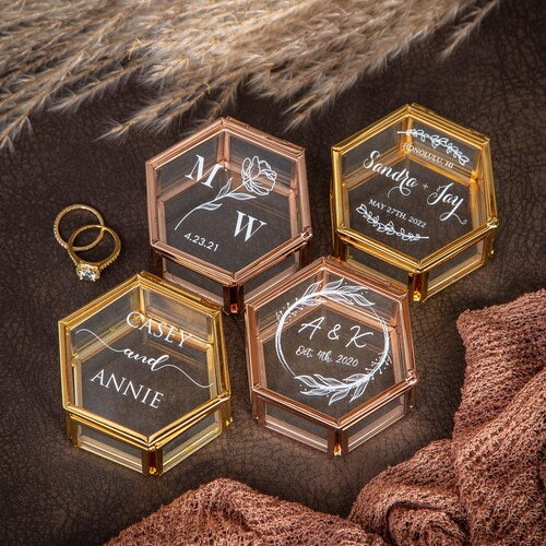 Personalized Hexagon Glass Ring Box with Moss | Gold or Rose Gold