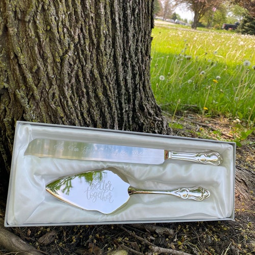 Classic Silver Engraved Wedding Cake Knife & Server Set