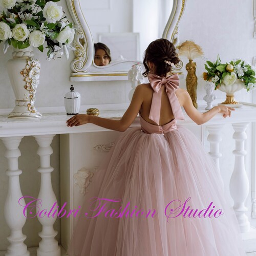 Dusty Rose Flower Girl Dress with Tulle Train, Removable Bow & Elegant Back Cutout