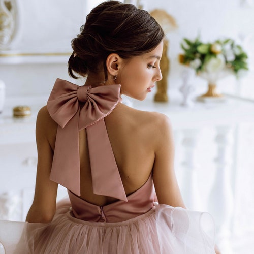 Dusty Rose Flower Girl Dress with Tulle Train, Removable Bow & Elegant Back Cutout