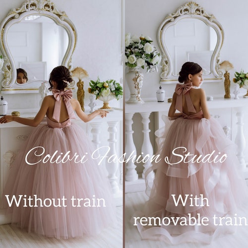 Dusty Rose Flower Girl Dress with Tulle Train, Removable Bow & Elegant Back Cutout