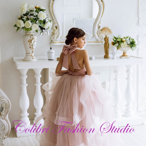 Dusty Rose Flower Girl Dress with Tulle Train, Removable Bow & Elegant Back Cutout