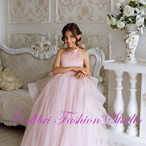 Dusty Rose Flower Girl Dress with Tulle Train, Removable Bow & Elegant Back Cutout