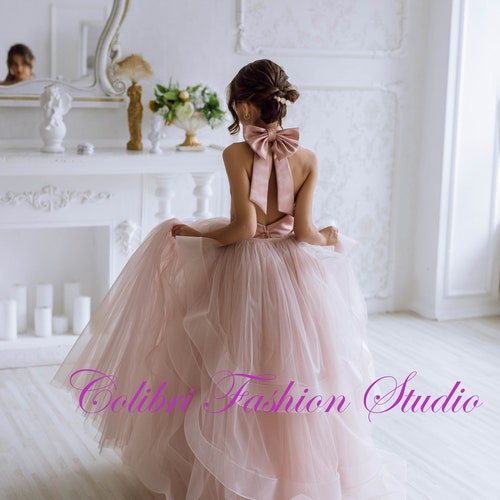 Dusty Rose Flower Girl Dress with Tulle Train, Removable Bow & Elegant Back Cutout